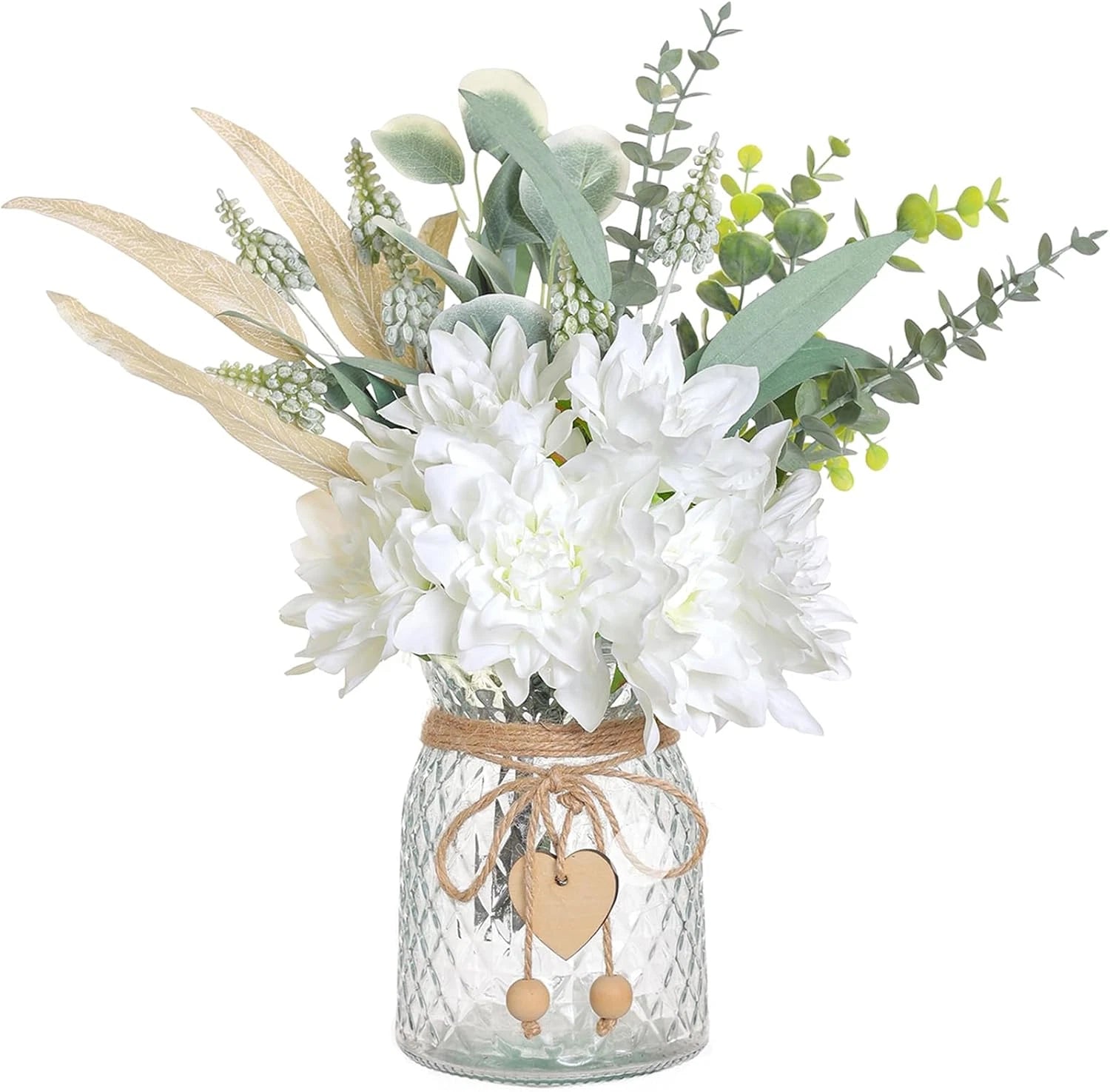 Faux Flowers with Vase,Artificial Silk Flowers in Vase, Fake Plant Eucalyptus an