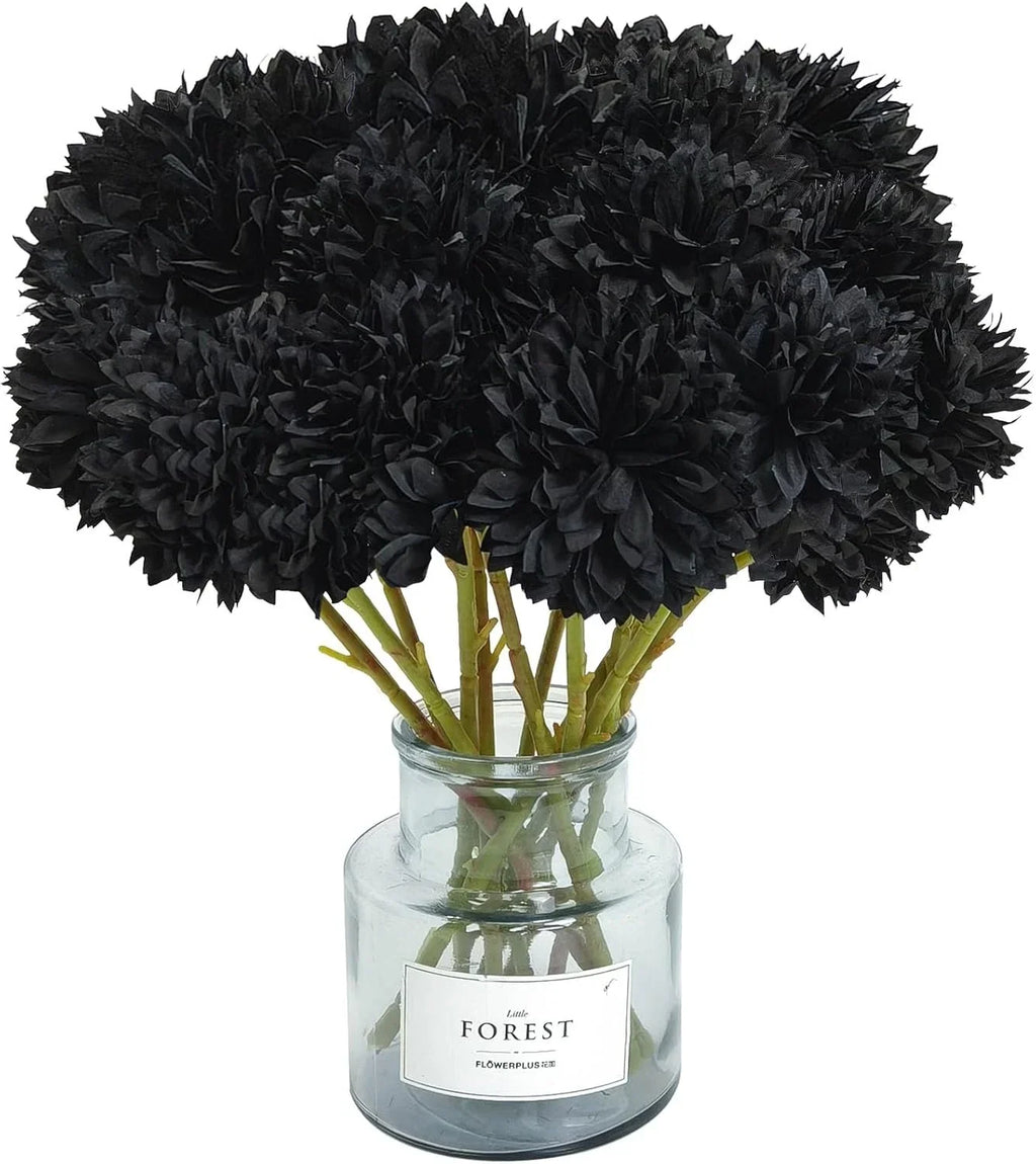 12 Pcs Faux Ball Chrysanthemum Bouquet Black Flowers for Home Halloween Party Fa