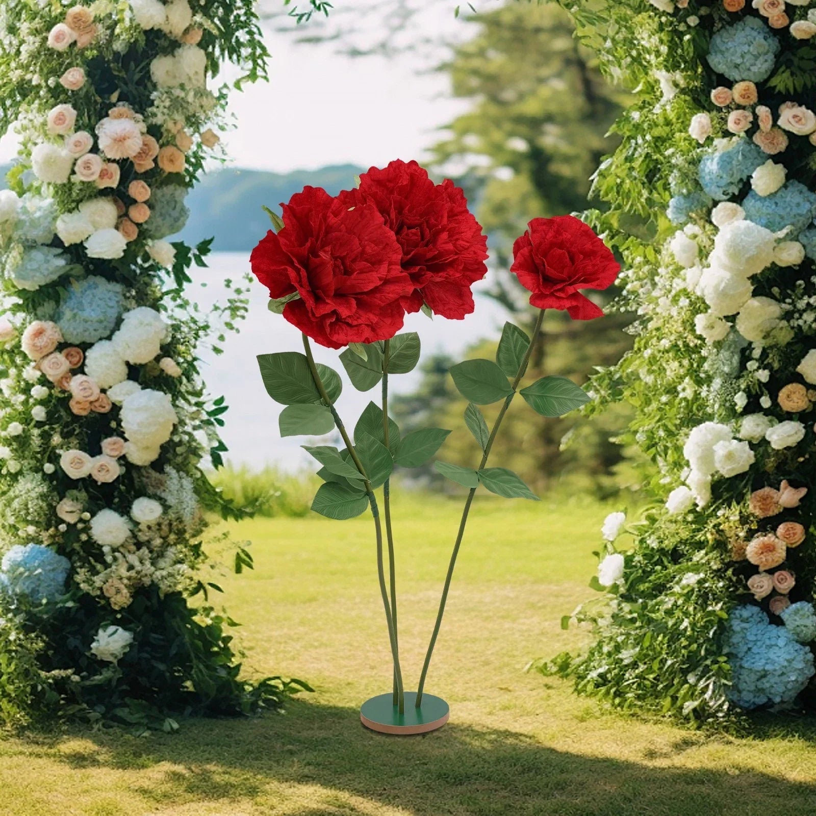 Red Rose Artificial Flower Decoration Giant Artificial Flowers with Round Base